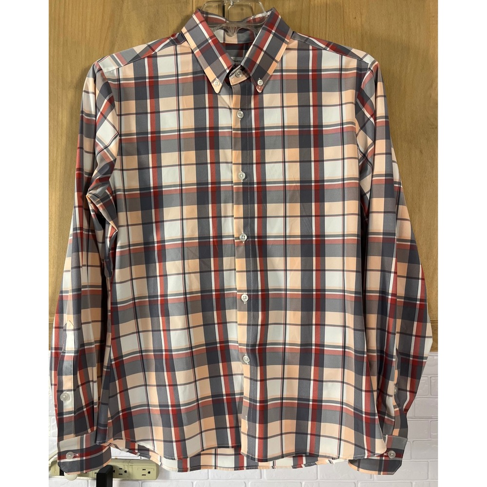 Mizzen+Main Leeward Button Down Mens Medium Orange Grey Plaid Trim Fit Shirt